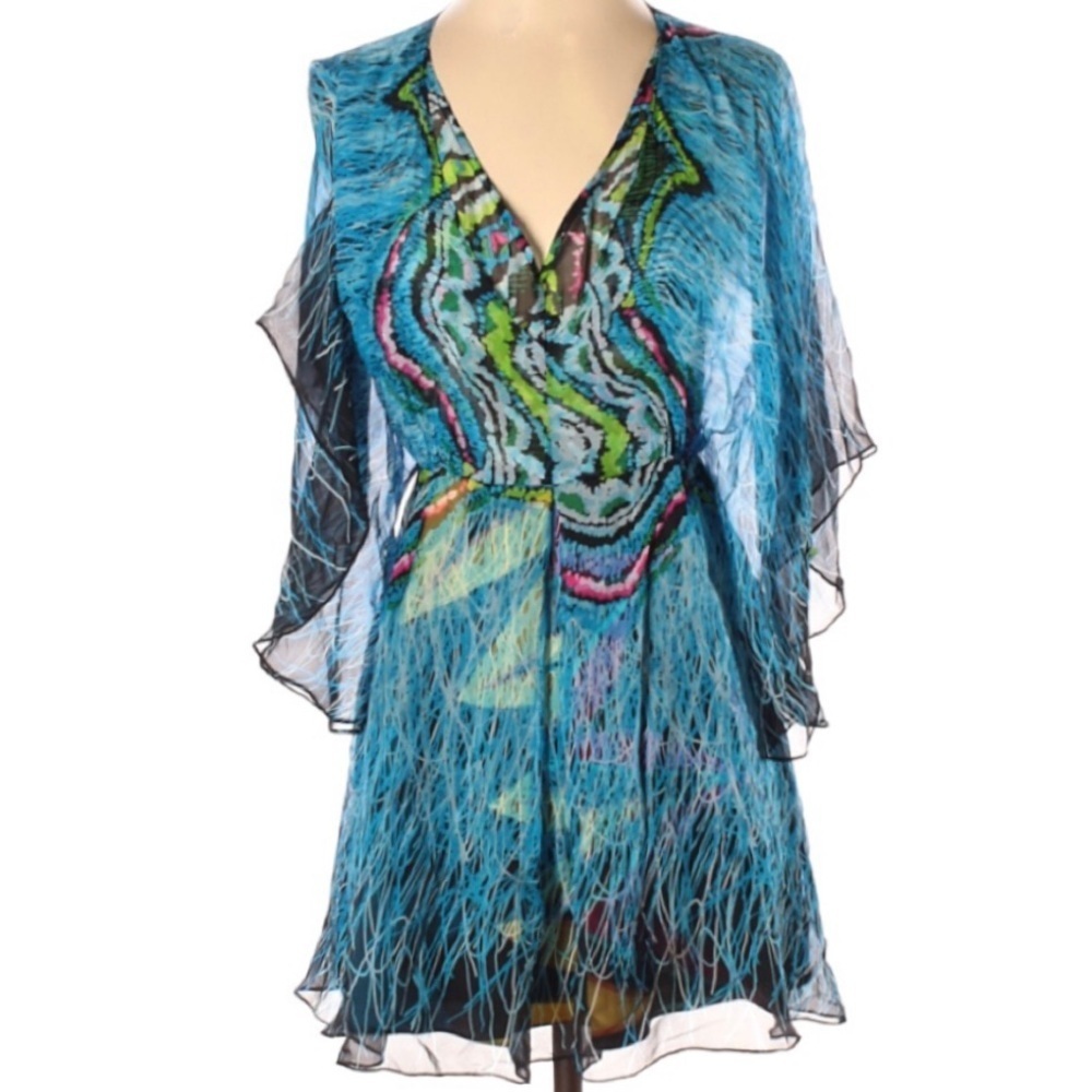 Meghan Los Angeles 100% Silk Beaded Fringe Tunic Kaftan Cover Up Boho Size 0